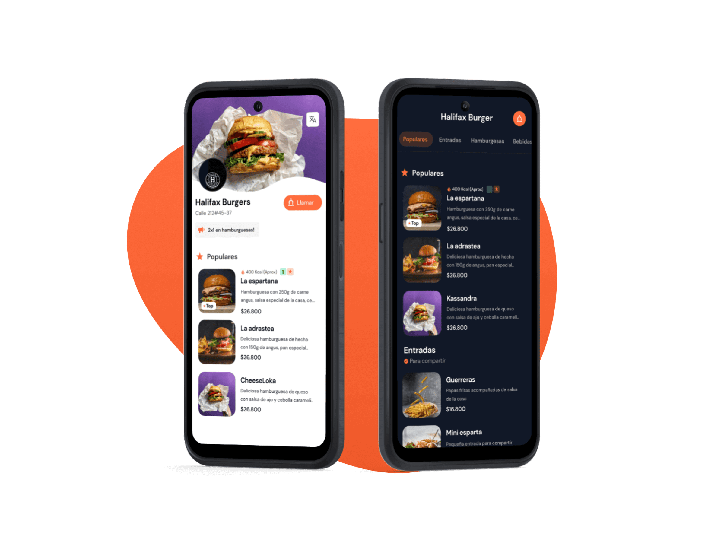 El menú de snaptable en dos teléfonos móviles